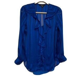 Isaac Mizrahi Womens Size Small Blue Stripe Ruffle Long Sleeve Blouse Top
